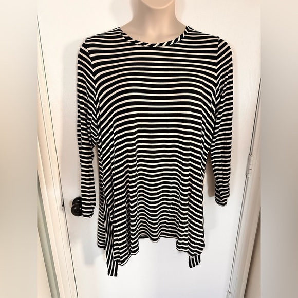 LOGO tunic Shirt Womens 2X Black Striped Flowy Long Sleeve Lagenlook #1696 - Picture 1 of 7